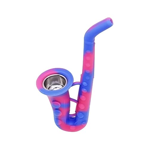 Image of Kookee Silicone Unbreakable Saxophone Smoking Pipe, Tobacco Pipes with Steel Bowl, Blue and Pink
