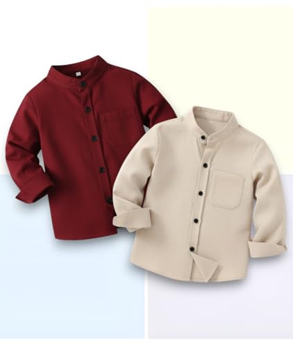 Image of Boys Mandarin Collar Shirt with Chest Pocket Beige and Rama Blue Color, Long Sleeve Button-Down Casual Shirt Pack of 2