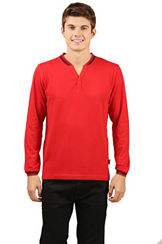 Image of zebu Men's Full Sleeve Cotton Henley Neck Tshirt with bio wash (Pack of 1). Red