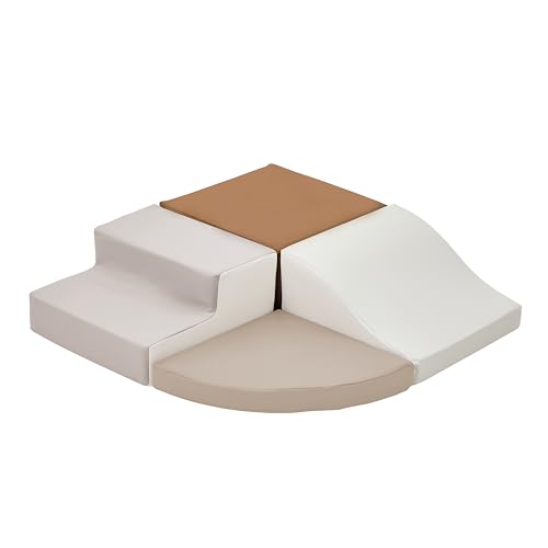 Image of TODIBY 4-Pieces Climbing Toys for Toddlers: PU Leather - Soft Play Climbing for Toddlers - Foam Climbing Blocks for Crawling and Sliding Indoor Playground for Kids（Beige Coffee）