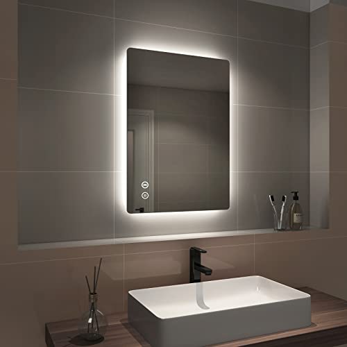 EMKE 500x700mm Bluetooth Bathroom Mirror with Shaver Socket - Backlit LED Illuminated Bathroom Mirror with Demister Pad, Makeup Vanity Touch Mirror with LED Lights