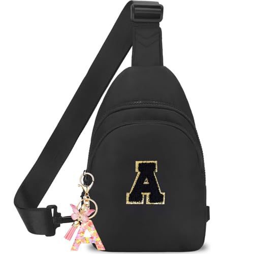 Birthday Gifts for for Girls Women- Personalized Initial Sling Bag Cross Body Bag Fashion Waist Packs Trendy Travel Fanny Pack with Initial Letter Patch Cute Stuff Black A