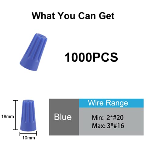 Wire Conectors Nuts,Wire Twist 1000 PCS Blue Electrical Screw Springs Caps Terminals Stainless Assortment Set Wire Connectors AWG 22-12
