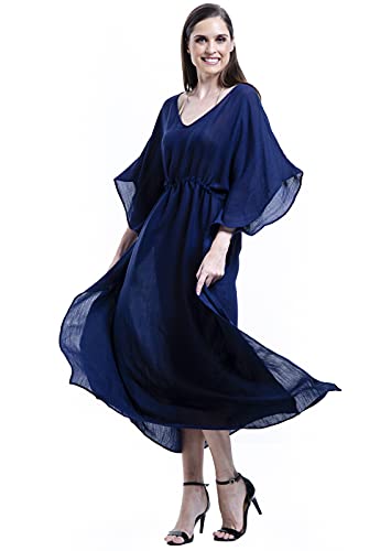 Kaftan Vestido Saida de Praia Longo Bata Crepe Cor:Azul-Marinho;Tamanho:Único