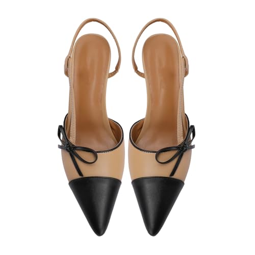 Women's Bow Tie Slingback Pumps Patchwork Stiletto Heels Pointed Toe Two-Tone Dress Party 3.35 Inch Heeled Sandals4