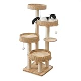 XFWKUTPE Modern Cat Tree for Indoor Cats Large Adult, 54‘’ Tall Cat Tower with Scratching Post, Wooden Cat Tree Tower for Large Cats with Multi-Levels, 4 Weaving Washable Handwoven Rattan Cat Condo