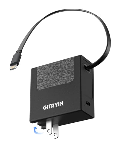 Image of Gitryin Portable Charger Block, Retractable Wall Charger with 33.5in Retractable Lightning Cable, 40W Fast Charging Block with USB C Port, Power Adapter with Foldable Plug for iPhone14 /13 /12, Black