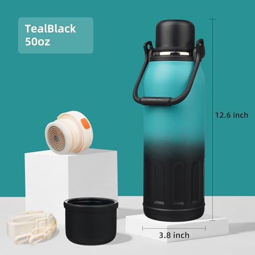 Image of Konokyo 50oz Thermos for Cold Drinks, Insulated Water Bottle, Teal Black