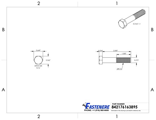 Image of 3 /8-16 x 2 Hex Head Cap Screw Bolts, External Hex Drive, Stainless Steel 304, Partially Threaded, Stainless Steel, Quantity 10 By Fastenere