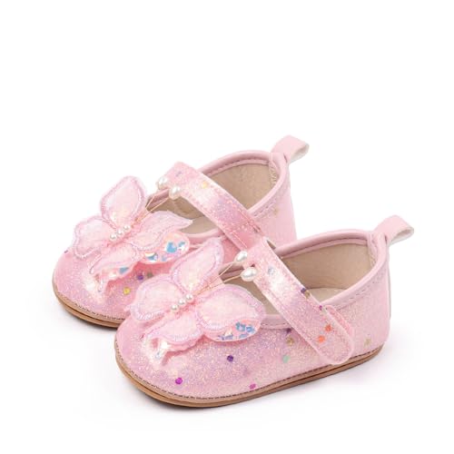 Baby Girls Mary Jane Flats Anti-Slip Soft Rubber Sole First Walk Toddler Butterfly Princess Dress Shoes