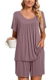 TAOHUADAO Womens Summer 2 Piece Pajama Sets, Short Sleeve Pleated Tunic Tops with Comfy Shorts, Loun