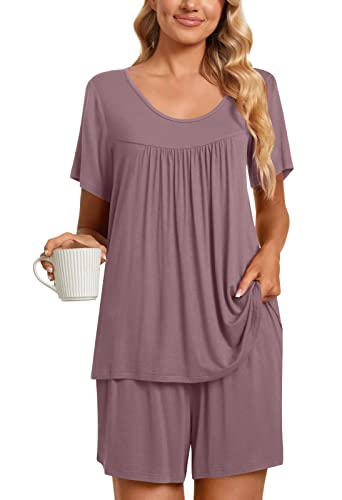 Taohuadao Womens Summer 2 Piece Pajama Sets, Short Sleeve Pleated Tunic Tops With Comfy Shorts, Lounge Sleepwear Ladies Pjs Sets With Pockets 2Xl, Bean Red #TOP19