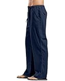 YAOHUOLE Mens Linen Trousers Casual Loose Fit Drawstrings Elasticated Waist Lightweight Pants Navy XL