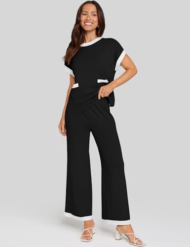 UEU Women 2 Piece Outfits Lounge Set Summer Short Sleeve Sweater Knit Tops Wide Leg Pants Matching Loungewear Set2
