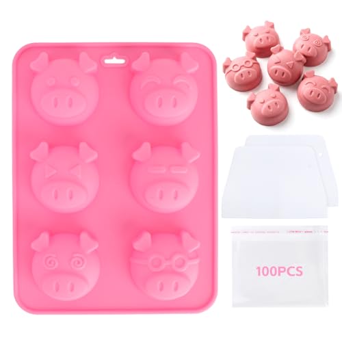 Silikon Backform Schwein Silikonform für Schweinchen gießform Schweinekopf Backbleche silikonformen gießformen schweinchen mit OPP Beutel 100+ 2 Schaber für Gelee Fondant harte Süßigkeiten
