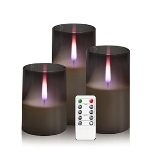Flameless Candles Upgraded Realistic Flickering Flame,Battery Operated LED Candles with Remote Timers,Acrylic Electric Candles Set of 3(D 3″ xH 4″ 5″ 6″)（Grey）