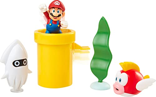 Nintendo Super Mario Underwater 2.5" Figure Diorama Play Set, Includes: Mario, Cheep-Cheep, Blooper, Mechanical Warp Pipe, Spinning Water Plant & Two Coins