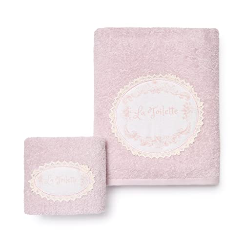 Juego de Toallas para el Rostro y los Invitados de Rizo 100% algodón, con aplicación de Estilo Libre, Fabricada en Tejido de Lino y Encaje | La Toilette de Anna Colecciones (Rosa Antiguo)