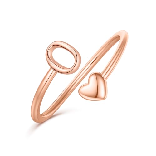 Heart Initial Rings for Women Teen Girls, Rose Gold Rings for Women Teen Girl Gifts Trendy Stuff Adjustable Letter O Initial Ring for Kids Girls Birthday Gifts for Daughter Mom Sister Wife Grandma