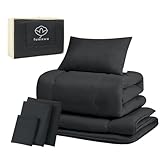 fuwawa 布団セット シングル 布団7点セット SEK認証 防臭 寝具セット【ボリューム増量 中綿1.6kg 掛け布団】 【高密度固綿入り三層 敷布団】 枕 洗える 布団カバー3点 来客用布団セット 収納ケース付き 組布団 ホコリが出にくい ふとんセット ピーチスキン加工 一年中使える ブラック