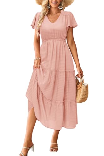 Image of VOTEPRETTY Women's 2026 Summer Boho Maxi Dresses Flutter Short Sleeve V Neck Casual Beach Wedding Guest Vacation Long Dress
