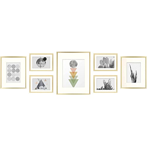 Image of Golden State Art, Set of 7, Aluminum Photo Frame with Ivory Color Mat & Real Glass, Metal Wall Photo Frame Collection (Gold)
