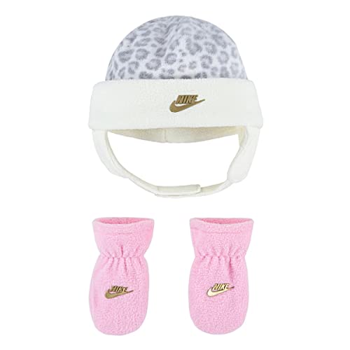 Nike Toddler Girls Leopard Trapper Hat & Mittens 2 Piece Set (White(2A2951-001)/Pink, 2-4T)