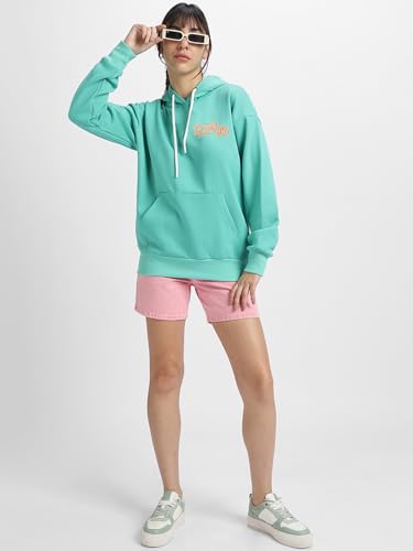 Image of JUNEBERRY Cotton Poly Fleece Oversized Fit Black, Green, Magenta, Mustard, Orange, Purple, Blue, Off White & Grey Graphic Printed Full Sleeve Hoodie for Women