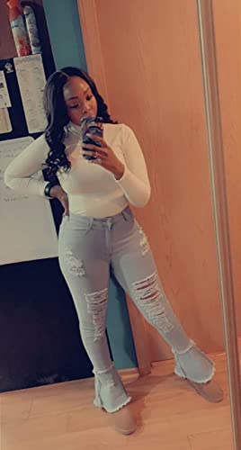 Women's Bell Bottom Jeans Destoryed Ripped Flare Jeans Elastic Waist Raw Hem Denim Pants4