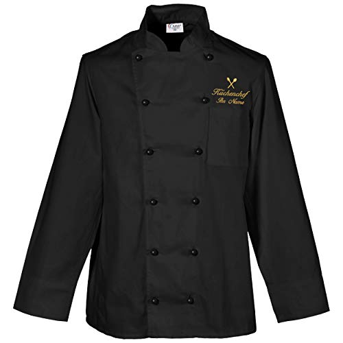 Bild: Nashville print factory Kochjacke B�ckerjacke schwarz mit goldener Stickerei Motiv/Name/Text bestickt (XL, K�chenchef L�ffel + Name) f�r 39,95 EUR bei amazon.de