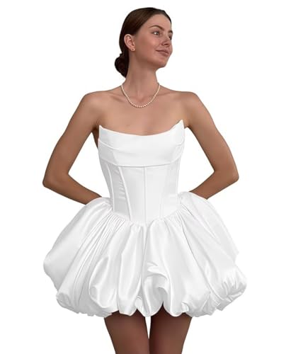 Short Satin Wedding Dresses for Bride Womens White Strapless Bridal Shower Dress Ruffle Mini Ball Gown