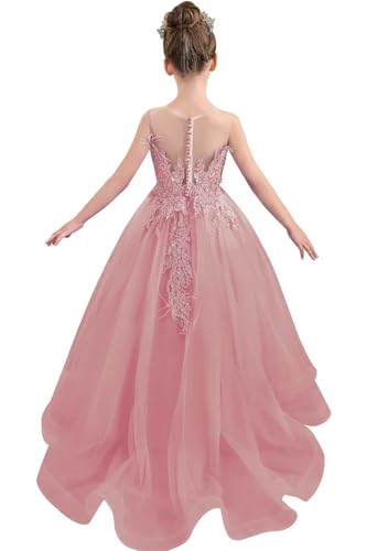 Lace Appliques Tulle Flower Girl Dresses Beaded Pageant Dresses with Train Sleeveless Ball Gown Prom Dress