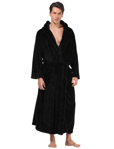 Men's Plush Hooded Bathrobe Winter Warm Fleece Robes Soft Flannel Long Robes with Pockets, Full Length2