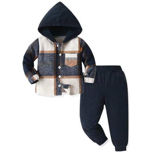 Kids Boys Button Down Flannel Plaid Hoodie Jacket with Jogger Sweatpants 2 Pieces Girls Fall Winter Outfits for 0-10 Years
