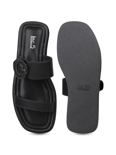 Image of Inc.5 Womens Black Solid Open Toe Casual Slip-on Flats Slide Sandal