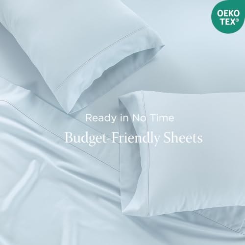 Image of Threadmill 300TC Cotton Twin Sheet Set, Sateen, Solid, Light Blue, 3-Piece