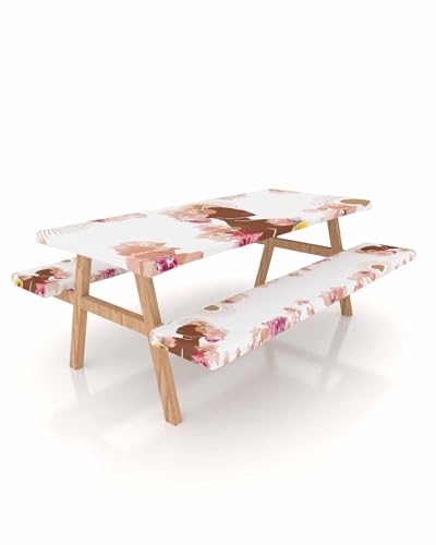 ARTSHOWING Picnic Table Cover with Bench Covers Elastic Bohemian Tablecloth for 6 FT Table Waterproof Boho Brown Flowers Plants Female White Table Cover 72 Inch 3 Pcs Camping Essentials for Outdoor