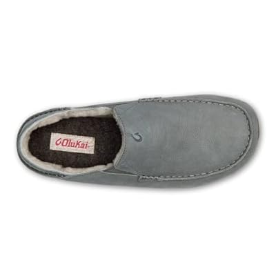 OLUKAI Kipuka Hulu Men's Leather Slippers, Premium Nubuck Leather Slip On Shoes, Shearling Lining & Gel Insert, Drop-In Heel Design
