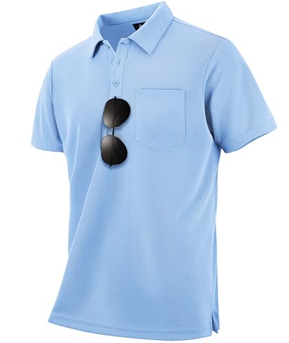 WENTTUO - WENTTUO Men's Performance Polo Shirts - Moisture Wicking Lightweight Athletic Golf Shirt with Pocket, Light Blue, L (44% Off Amazon Deal)