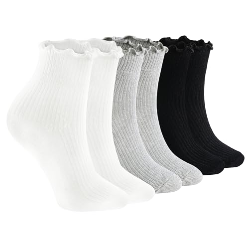 Ruffle Socks Women,Cotton Soft Frilly Socks for Women Girl Casual Cute Ankle Sock Lettuce Edge Crew Sock 6 Pairs