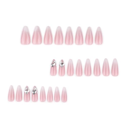 Image of 24 Pcs Press on Nails Pink White Ombre Fake Nails Rhinestone Nail Press ons Reusable Glossy Full Cover with Glitter Design Medium Almond False Nail for Women Manicure