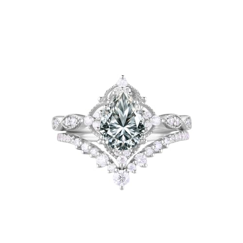 Gemstone Engagement Rings Set for Women Pear Cut Gemstone Bridal Sets Wedding Rings 10K 14K 18K White Yellow Rose Gold Gemstone Wedding Ring Sets Vintage Inspired V Shaped Wedding Band Promise Ring4