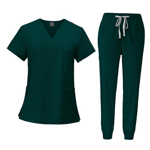 Amagogo Conjunto de uniforme médico para mujer, Top de enfermera, pantalones, conjunto de ropa de trabajo, Verde oscuro, L