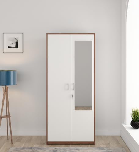 Image of Spacewood Dew Wardrobe | 3 Year Warranty | Almirah, Cupboard, Almari, 2 Door Wardrobe with Mirror, 1 Drawer (1 Lock Drawer) and 1 Hanging Space|Engineered Wood| Walnut Rigato
