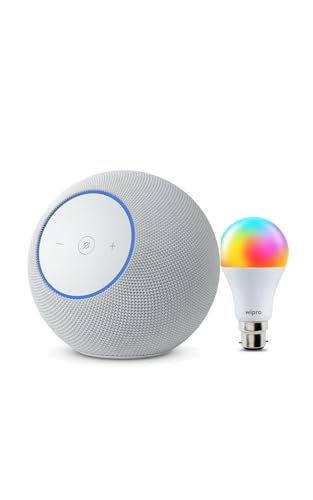Image of Amazon Echo Studio (newest model), Alexa speaker with immersive spatial audio and Dolby Atmos, hands-free smart home management, Bluetooth, Glacier White, combo with 9W Smart Bulb