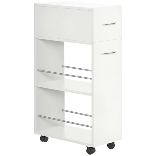 HOMCOM Carrito de Cocina Carrito Verdulero con 1 Cajón y 2 Estantes Abiertos Carro Auxiliar con Ruedas para Comedor Salón Baño 25x50x85 cm Blanco