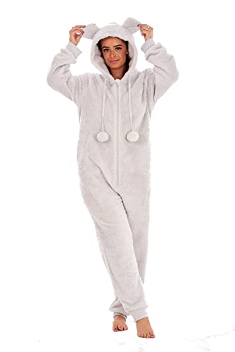 Keanu KL759-G-8-10 - Ladies Snuggle Fleece Onesie with Novelty Hood and Pom Poms - Snow Grey - Size 8-10