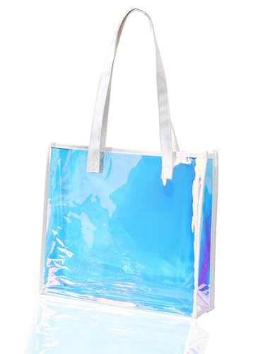 Woeoe Holographic Clear Tote Bag with Leather Handle Iridescent Beach Totes Shoulder Handbag for Women Summer Pool Party