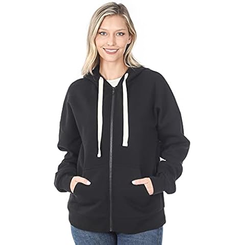 Zenana Kangaroo Pocket Zipper Hoodie Sweat Jacket For Women, Black, Medium Cover