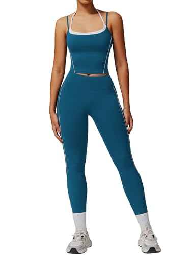 Womens Workout Sets Two Piece Spaghetti Straps Tank Top Matching High Waist Leggings Gym Work Out Outfits with Pockets